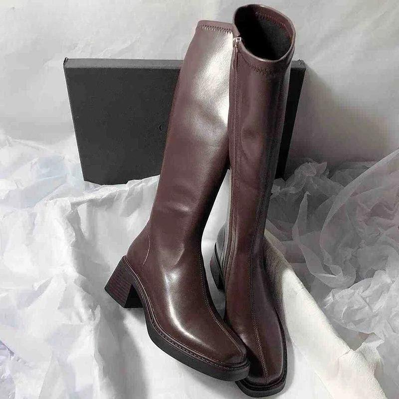 Fashion 2025 New Vintage Thick Heel Women Knee High Boots Fashion Side Zippers Shoes Autumn Winter Ladies Concise Long Botas De Mujer
