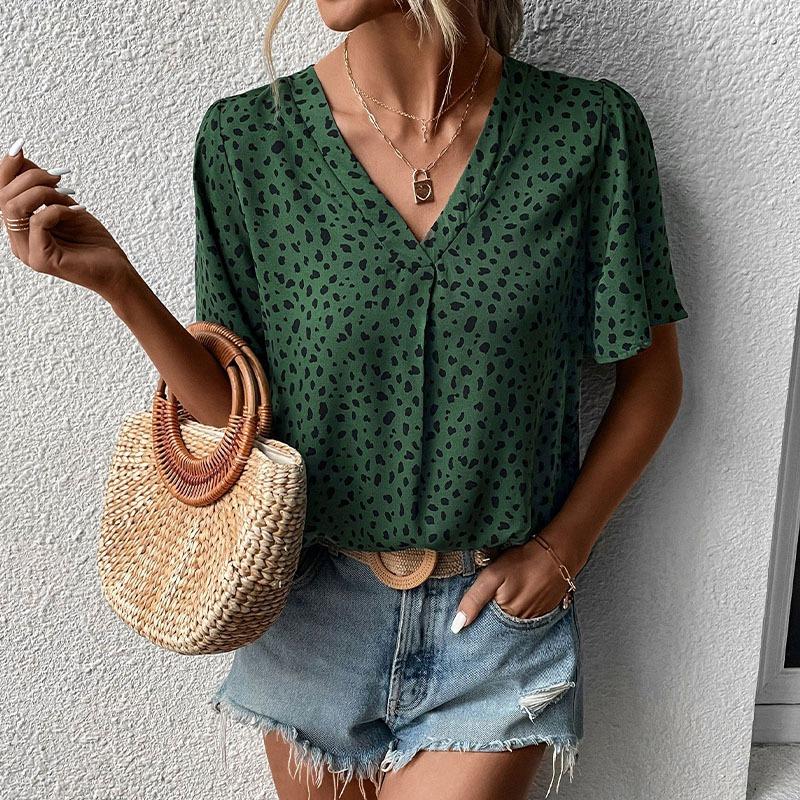 Women Leopard Print V Neck Short Sleeve Mid Length Casual Shirt