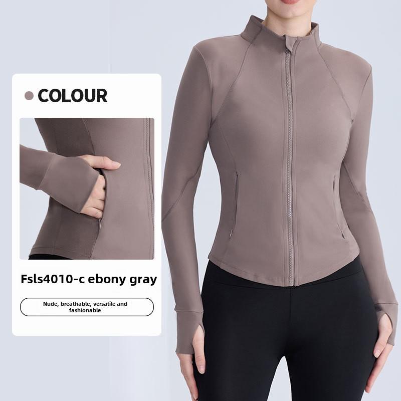 Atmungsaktiver, schnell trocknender Yogamantel für Damen mit Stehkragen und Reißverschluss