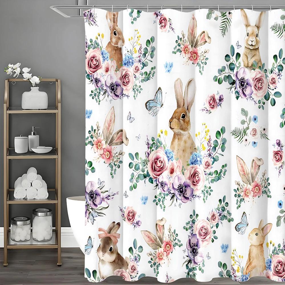 Cute Bunny Shower Curtain, Cute, Floral, Butterfly, Spring Bathroom Decorative Shower Curtain, Waterproof Shower Curtain With Ho