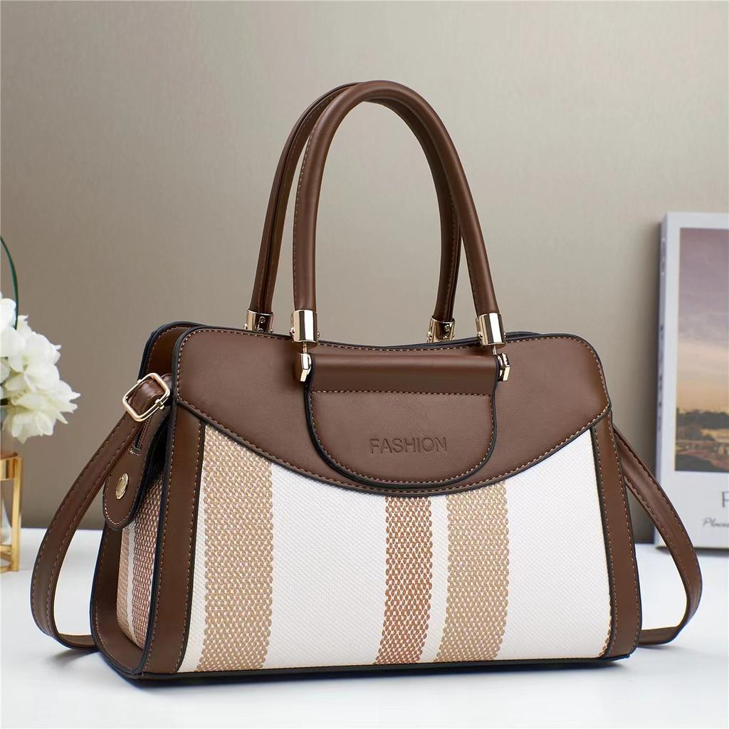 Women's Tote Bag with Brown and White Striped Design, Casual Handbag Large Capacity Top-Handle Bag For Commuting Shopping