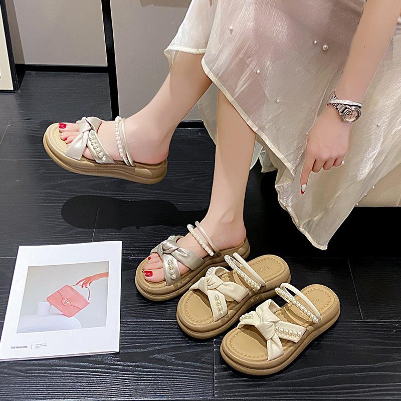 Cross cool slippers one word fashion fairy wind pearl with skirt girl 2025 summer thick bottom new slippers