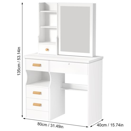 Vanity Desk with Sliding Mirror, Bedroom Dressing Table, Makeup Table with 5 Drawers & Shelves, Hidden Storage Space