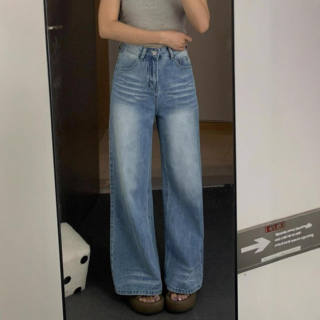 

Дизайнерские выстиранные джинсы женские осенние брюки с широкими штанинами, со складками, с высокой посадкой, старые, свободные, волочащиеся по земле, джинсы для женщин, длинные джинсовые брюки XS