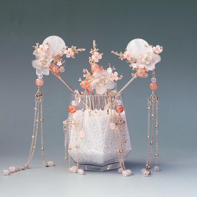 FORSEVEN Chinesisches Haaraccessoires Damen Blume Perlen Haarnadeln Lange Quaste Kopfschmuck Stäbe Haarkamm Brautschmucksets