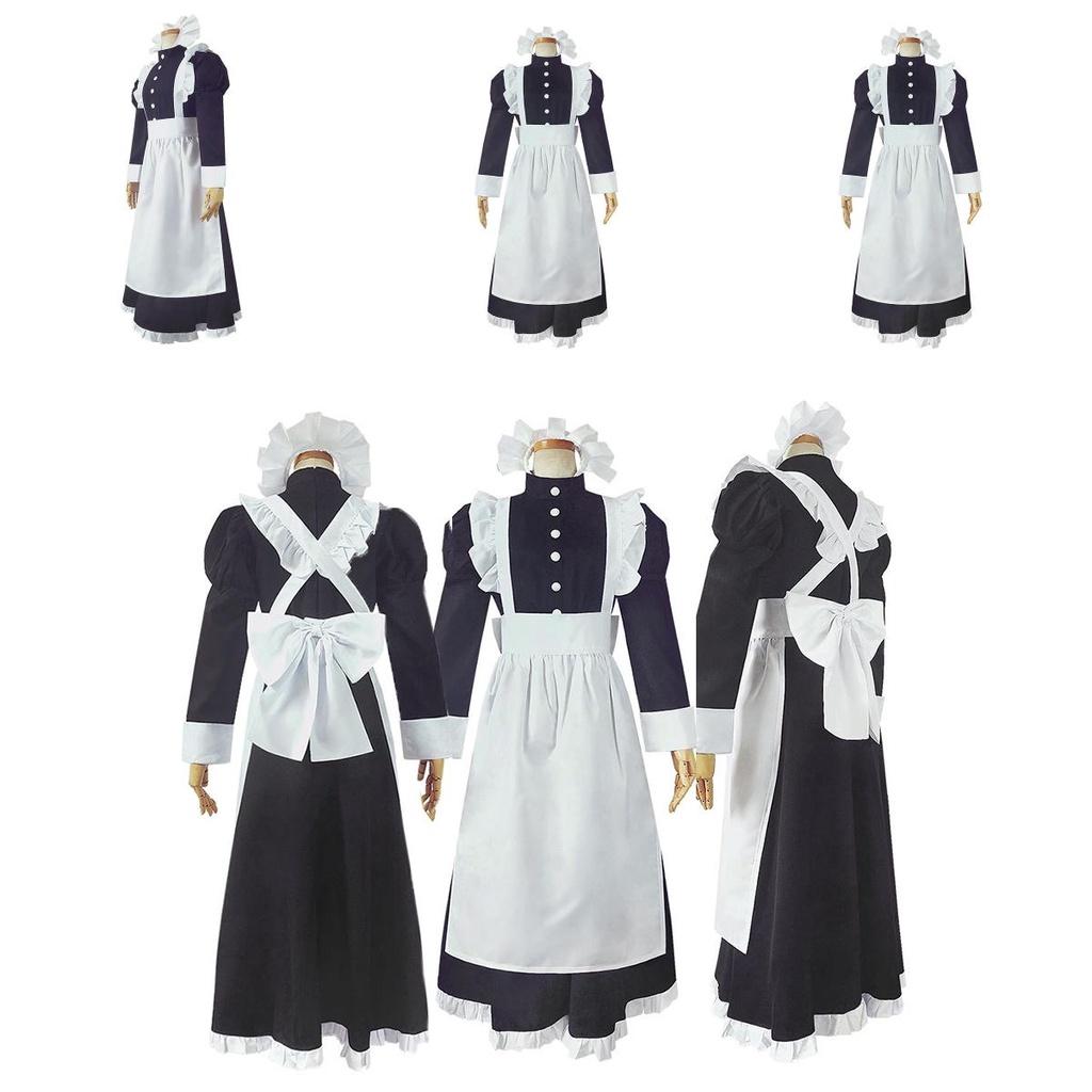 Long Style British Maid Outfit Men Women Lace Cosplay Dress Halloween Costume