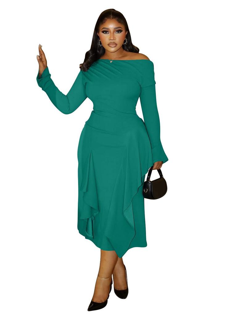 Elegant One-Shoulder Long-Sleeve High-Waisted Dress - 2025 European & African Style