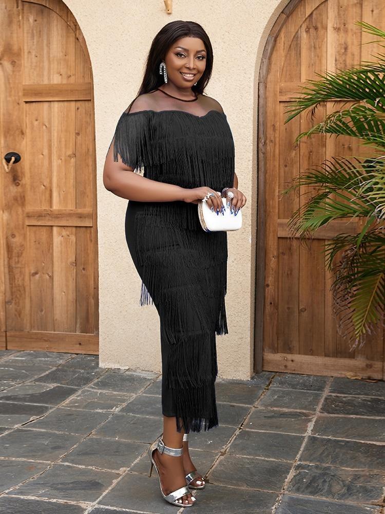 

Элегантные женские лоскутные длинные платья для коктейльной вечеринки, вечернего мероприятия, наряды с бахромой и кисточками для леди 4XL