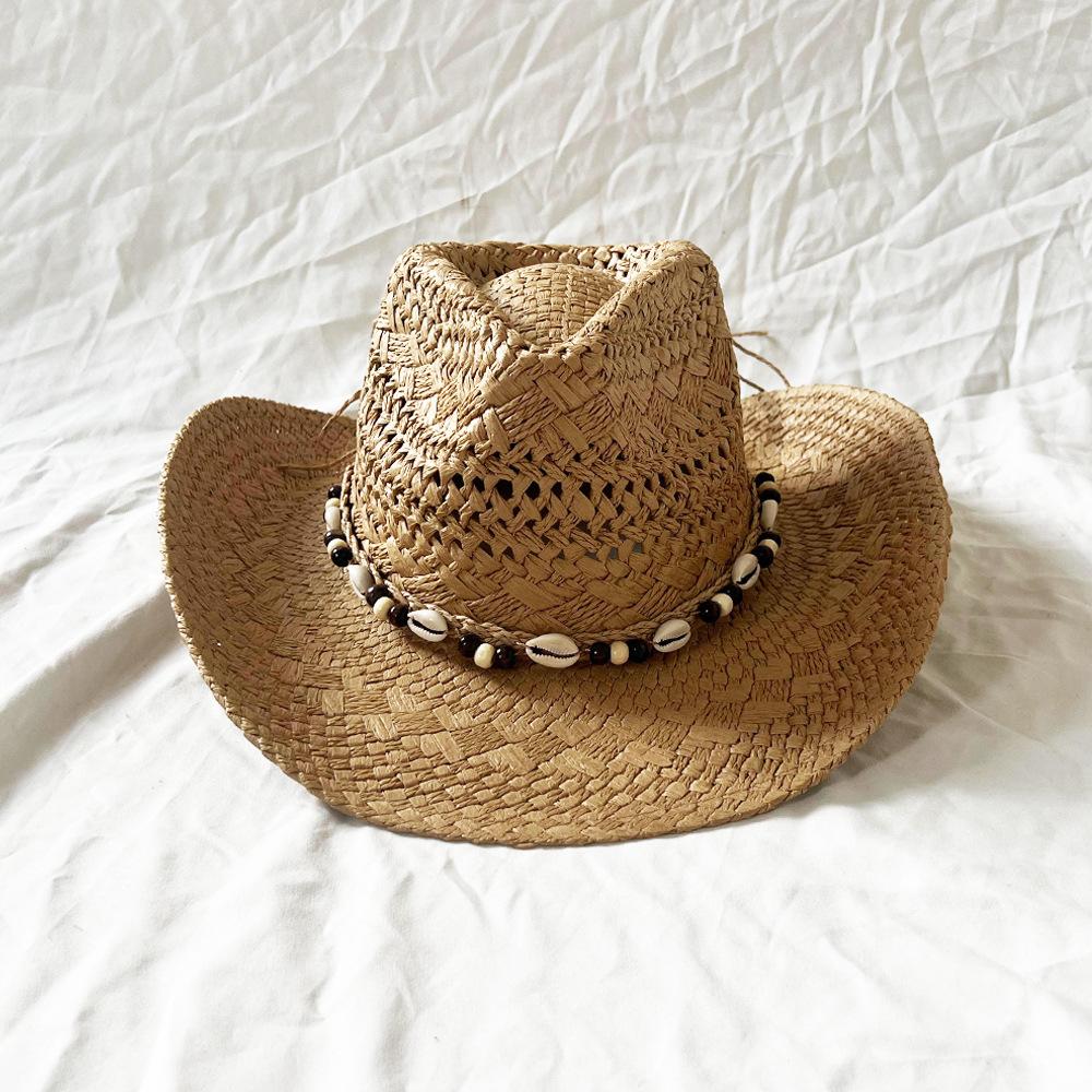 

Stylish Handmade Hollow Wide Brim Cowgirl Hat Bohemian Shell Bead Design Straw Beach Hat Men Women Rolled Edge Sunscreen Caps M 56-58cm хакі