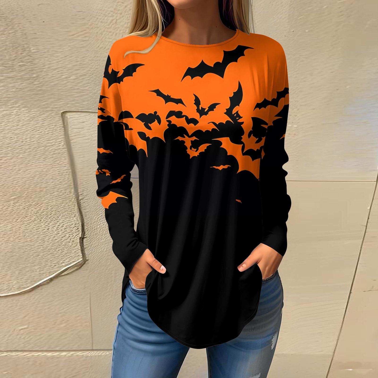 

Женская мода свободная футболка с длинным рукавом с круглым вырезом и принтом на Хэллоуин XXXL чёрный
