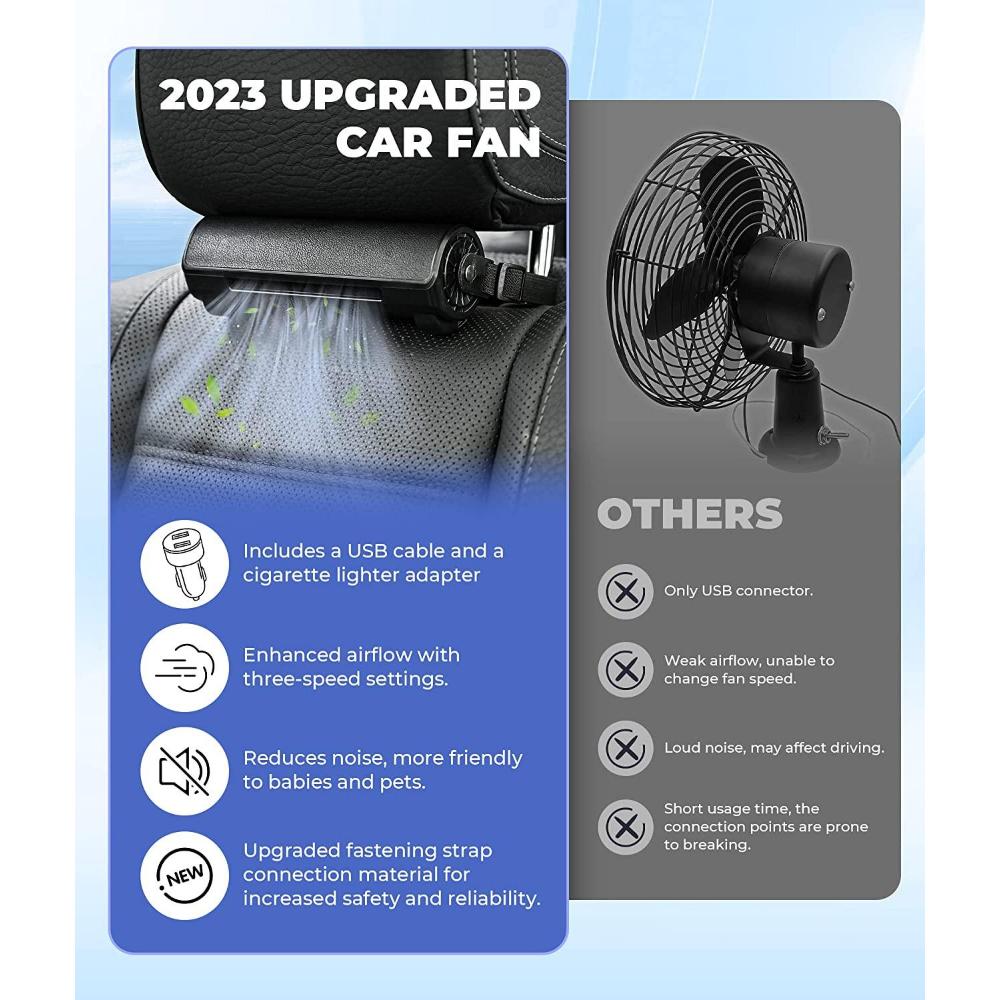 Ventilador para asiento de automóvil, ventilador de enfriamiento para asiento de automóvil con ventilador de automóvil portátil eléctrico de 3 velocidades, ventilador de aire de enfriamiento fuerte alimentado por USB, correa ajustable para SUV