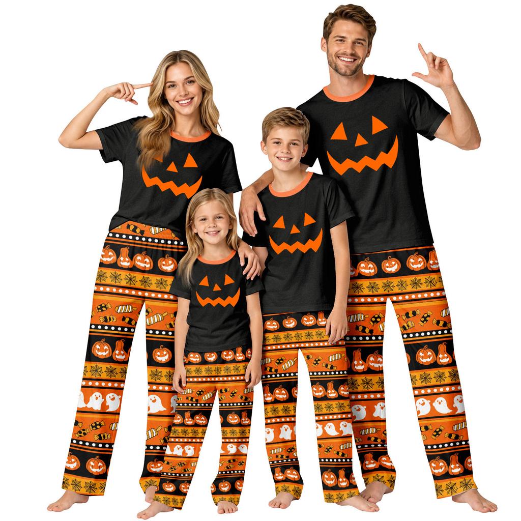 Family Matching Halloween Print Pajama Set Short Sleeve Top and Pants for Parents and Kids
