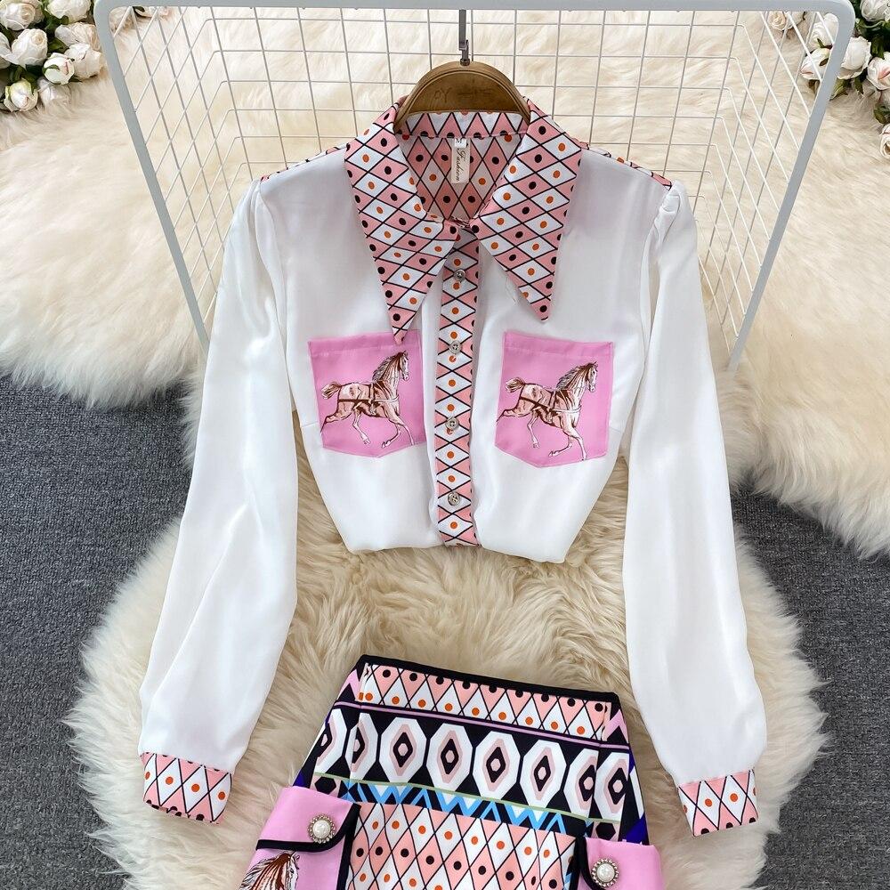 Fashion Suit Ladies Temperament Positioning Printing Loose Long Sleeved Shirt Two-Piece Set High Waist Skirt Short Skirt Spring