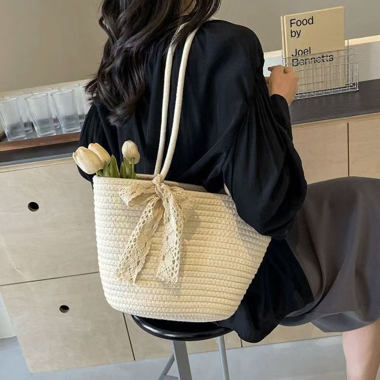 

Плетеная соломенная сумка через плечо, сумка-тоут для отпуска на пляже, сотни новых летних сумок, повседневная женская сумка большой вместимости [Shoulder bag tote bag lace model] beige