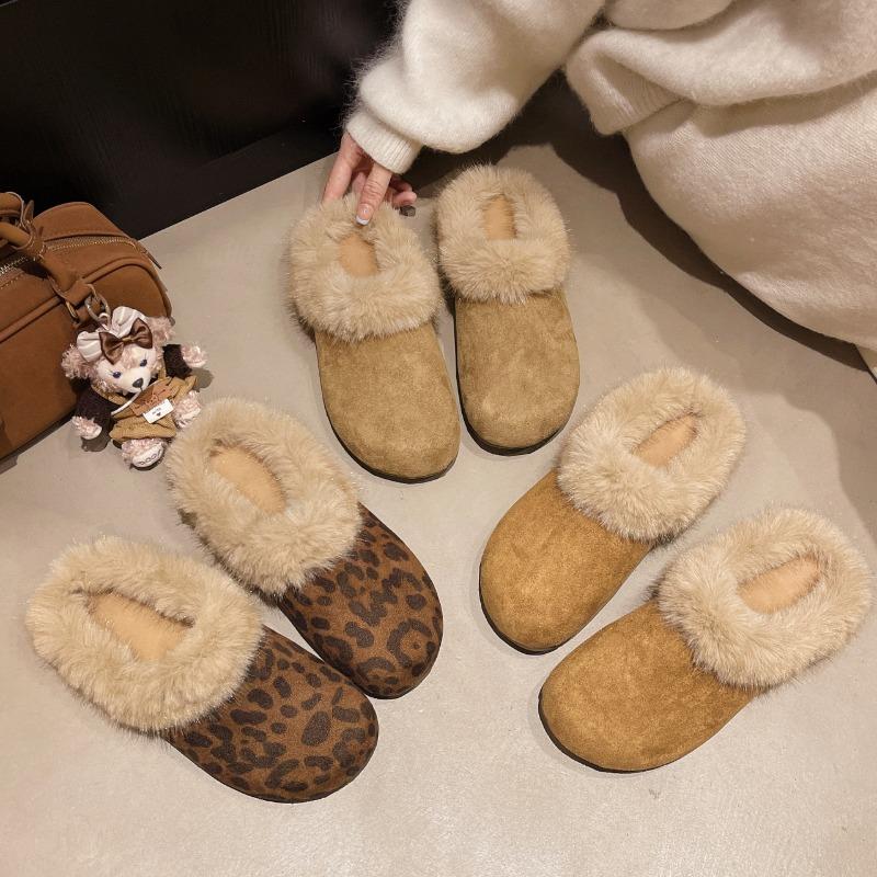 2025 Neue Pelz Damen Hausschuhe Flats Plateau Wildleder Winter Damen Schuhe Designer Leopardenmuster Rundzehen Plüsch Baumwolle Pantoletten