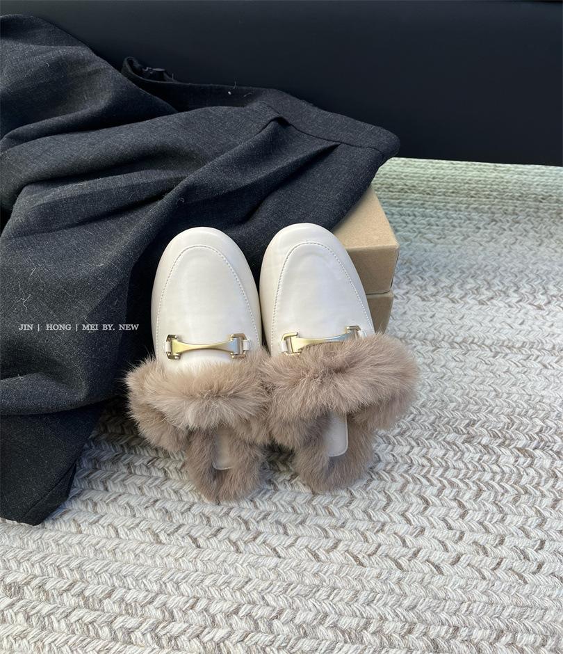 Internet celebrity 2025 hair bag head half slippers women wear autumn and winter fashion versatile medium heel thick heel muller shoes ins tide