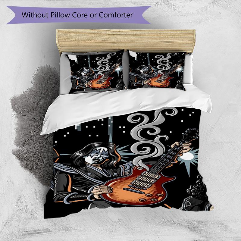 3pcs Duvet Cover Set (1*Duvet Cover + 2*Pillowcase, Without Core), Kiss Rock and Roll Print Bedding Set, Bedroom Decor, All‑Season, Birthday Gift