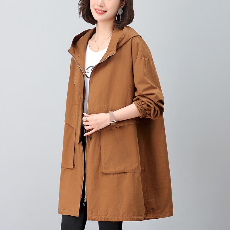 2024 Plus-Size Mid-Length Hooded Trench Coat for Women: Loose, Casual, and Fashionable Spring/Autumn Style Outerwear for Moms.