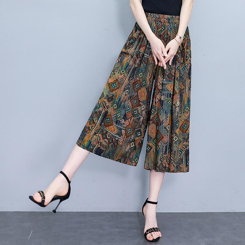 Letní kalhoty se širokými nohavicemi pro ženy Elegantní nadměrné velikosti Ležérní Elastický pas Sukňové kalhoty Vintage oblečení