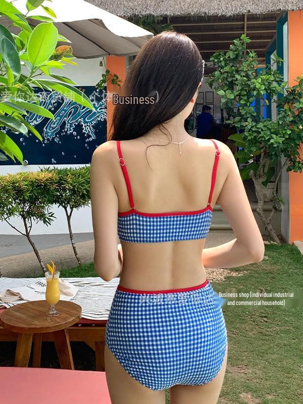2026 Retro Korean Plaid Color Block High Waist Bikini Swimsuit