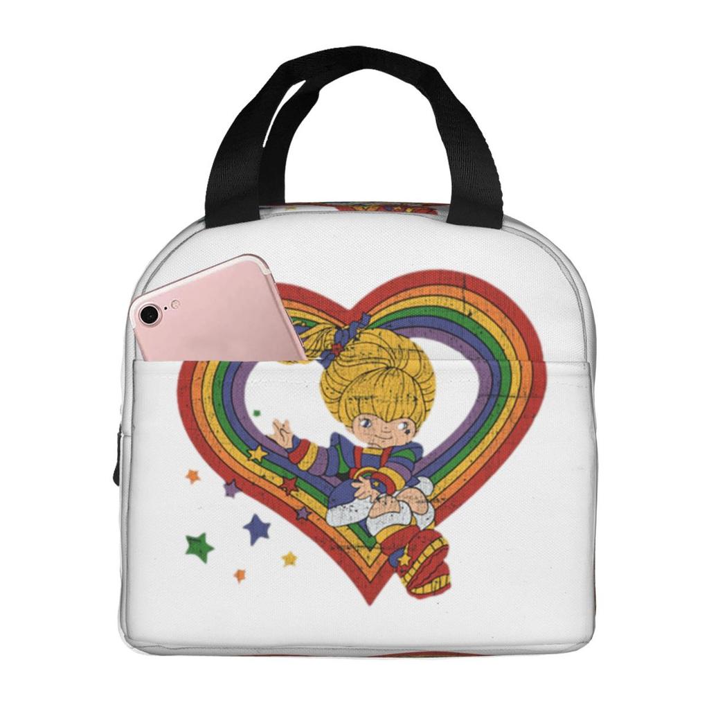 Bolsa de almuerzo aislada Rainbow Brite con corazón de arcoíris para mujeres Niños Cajas de comida portátiles Fiambrera térmica Bolso Tote