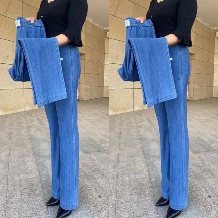 Dámské kalhoty s vysokým pasem z ledového hedvábí s rovnými nohavicemi – Měkký, opraný denim s elastickým splývavým materiálem pro volný, módní vzhled, který omlazuje