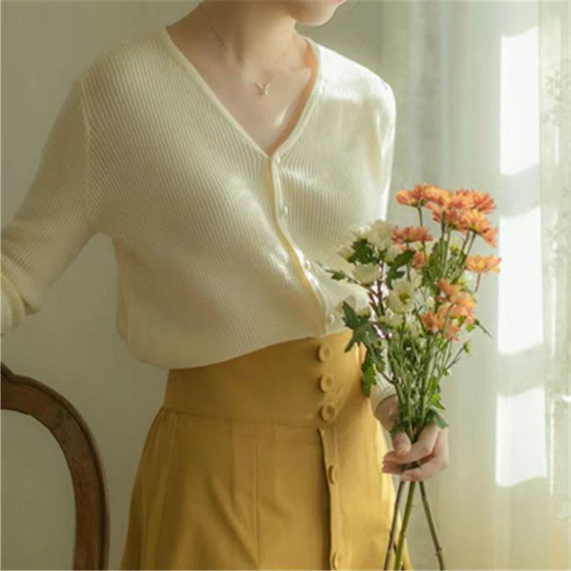 Vintage knitted cardigan top women's autumn and winter solid color pearl buckle loose sweater jacket commuter style