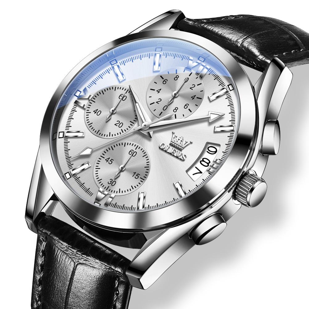 OLEVS Men Leather Quartz Watches Waterproof Wristwatches Men Sports Chronograph with Luminous Pointers Watches for Men