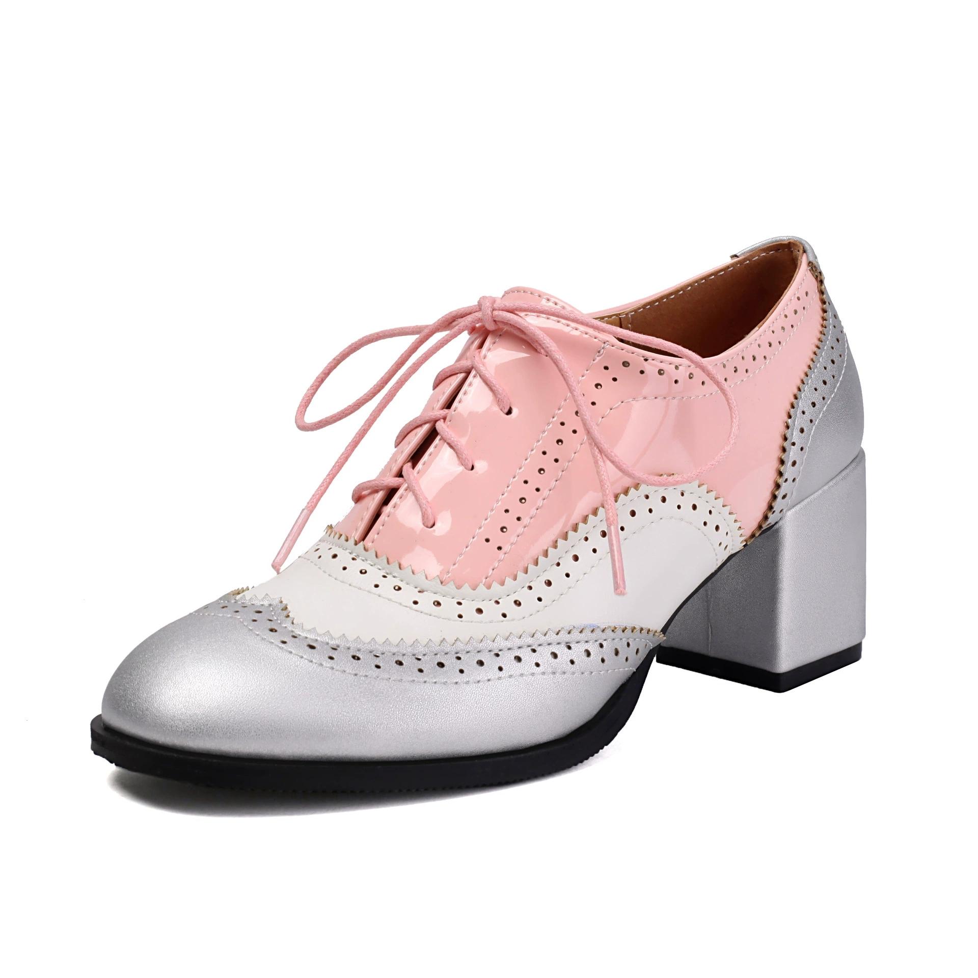 

Thick Heeled Round Toe Women s Single Shoes Color Blocked Leather Shoes Blok Women Shoes Punk Dance shoes Big Size High Heels 39 срібний