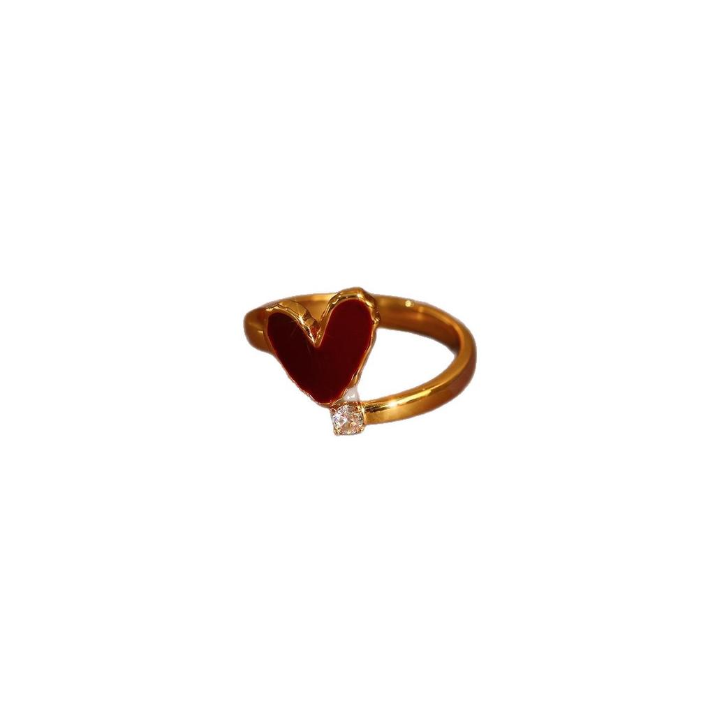 Exquisite French Red Heart Zirconia Open Ring for Women – Versatile High-End Hand Jewelry