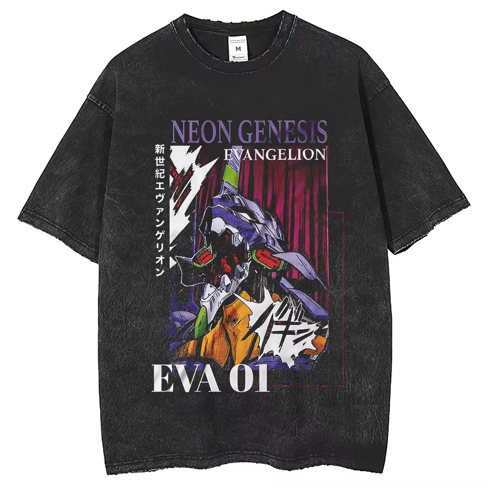 

EVA 01 Men s Street Apparel T-shirt Vintage Wash Anime Printed Tee Women Harajuku Casual Short Sleeve Clothing Top S
