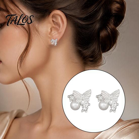 Versatile Alloy Earrings 1 Pair Butterfly Stud for Women, Sparkly Rhinestone Faux Pearl French Style Earrings, Glitter Cubic Zirconia Jewelry