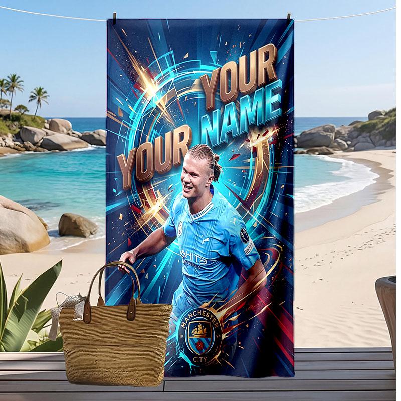 Asciugamano da Spiaggia Personalizzato Stampato Erling Haaland Logo Calcio Supporto Nome Personalizzato Testo Asciugamano Assorbente Per Sport Viaggio Regalo Speciale