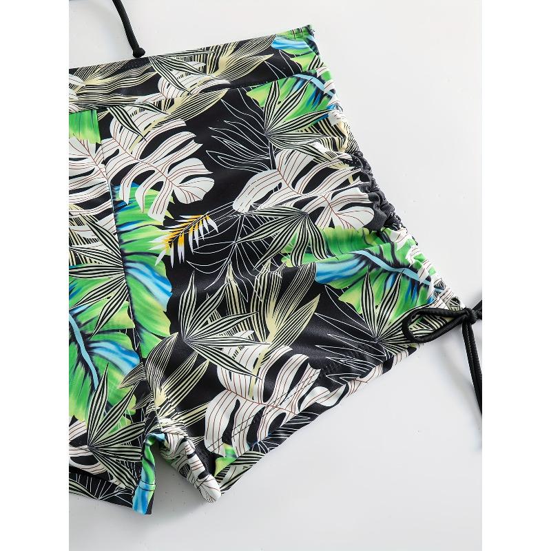 Tropical Leaf Print V Neck High Waist Bikini Sets - Drawstring Spaghetti Straps Boxer Short Bottoms Two Pieces Swimsuit, Women's Swimwear & Clothing