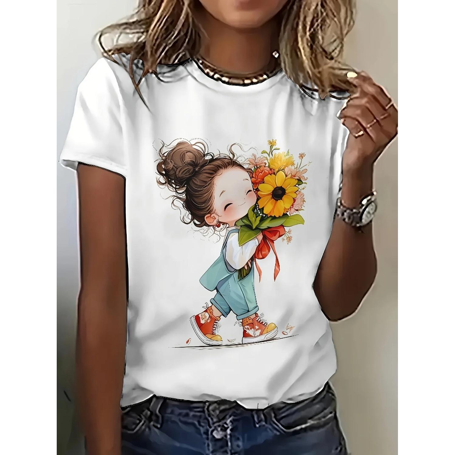 

Women s Cute Floral Print Short Sleeve T-Shirt - Adorable with Flowers Design Casual Round Neck Tee for Casual Attire T Shirts XXXXXL білий