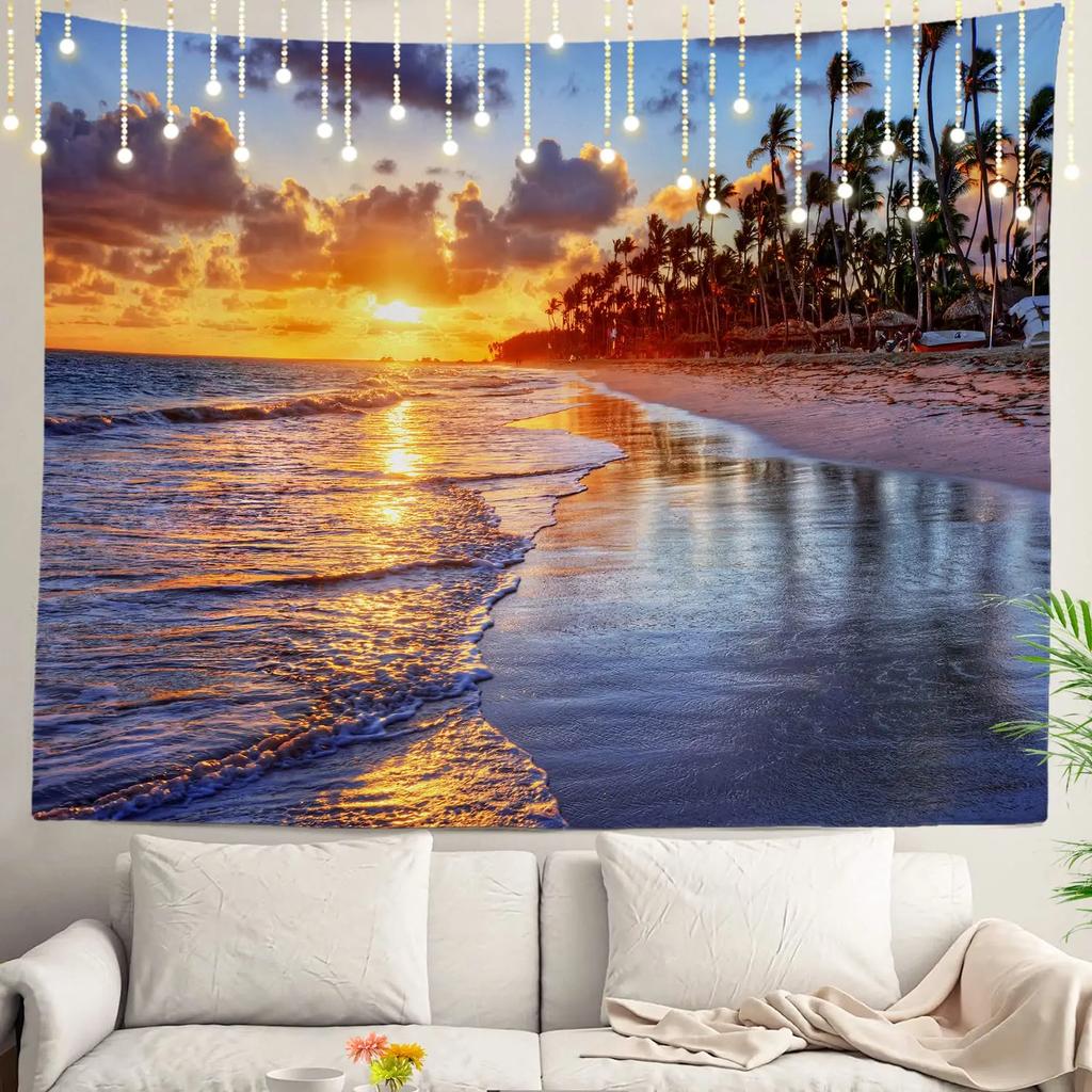 Ocean Sunset  Landscape Tapestry Purple Clouds and Gloden Sunshine Tapestry Wall Hanging Decoration for Dorm Living Room Bedroom