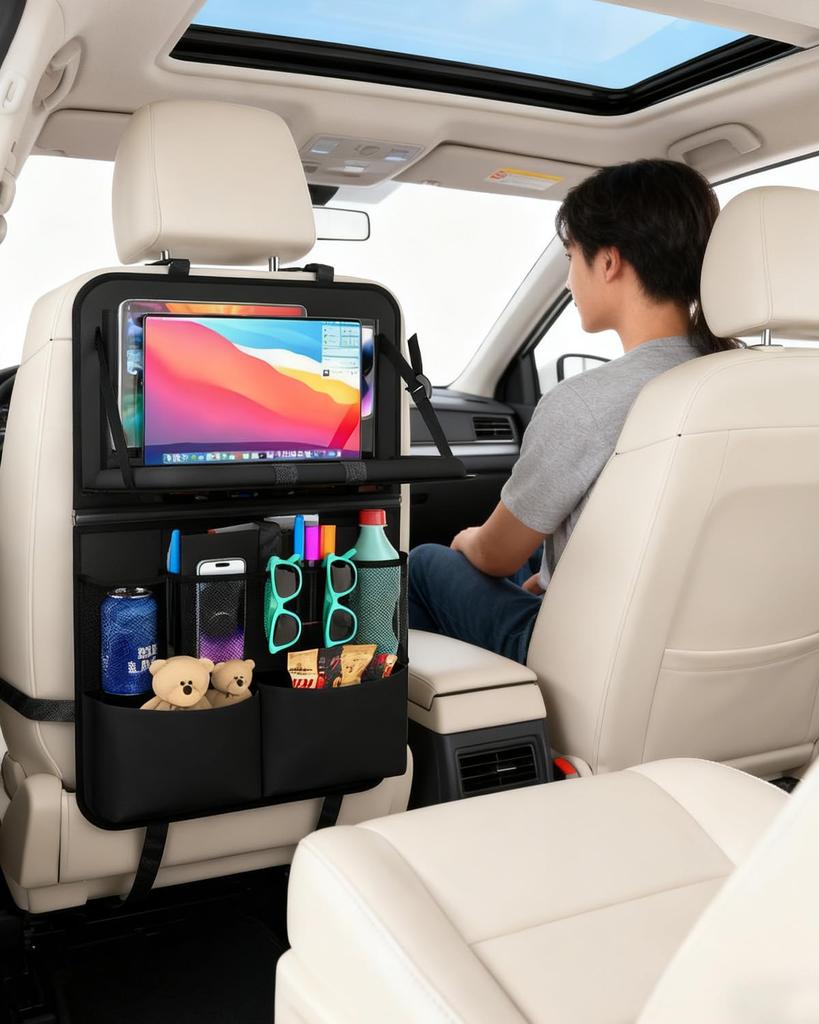 Car Seatback Kick Car Storage Pocket with Folding Tray for Children and Adults New Model with Touchable Tablet Car Tissue Convenient Backseat Car