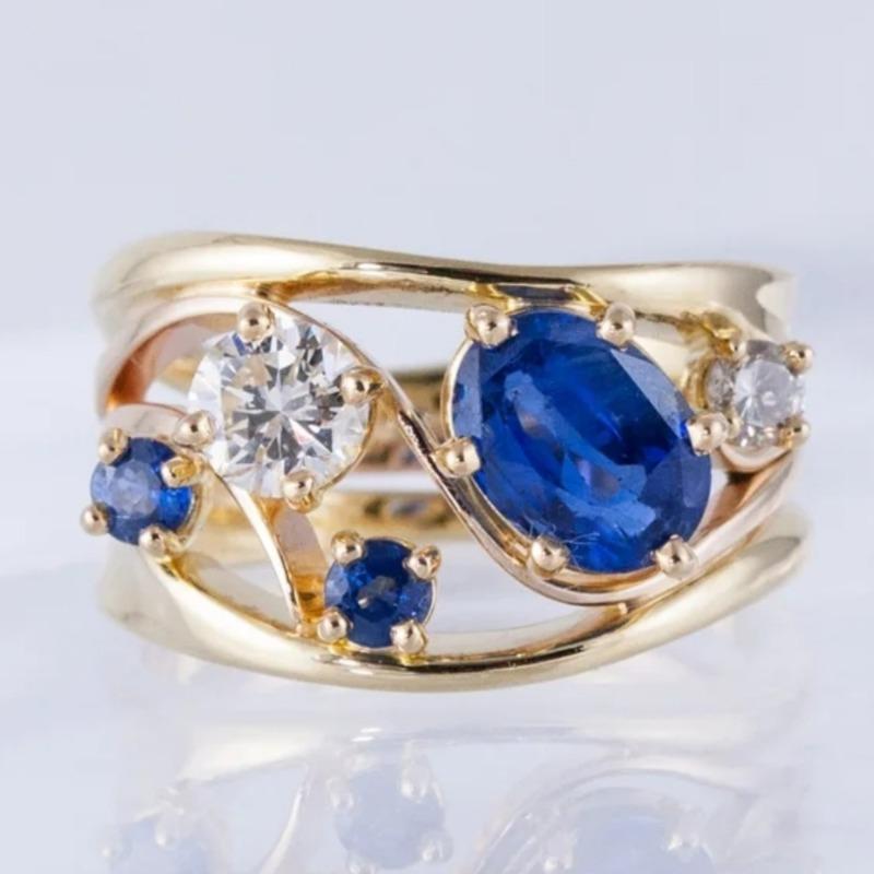 Gorgeous Inlaid White Blue CZ Women's Ring Trendy Gold Color Hand Carving Daily Wear Party Jewelry Anniversary Gift