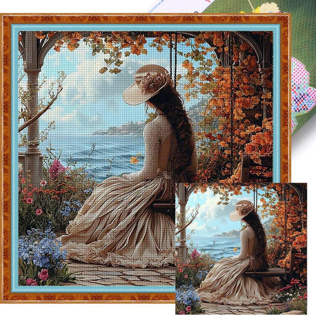 Kit Punto Croce Ricamo Completo Filo di Cotone 11CT Stampato Ragazza Arte 50x50cm