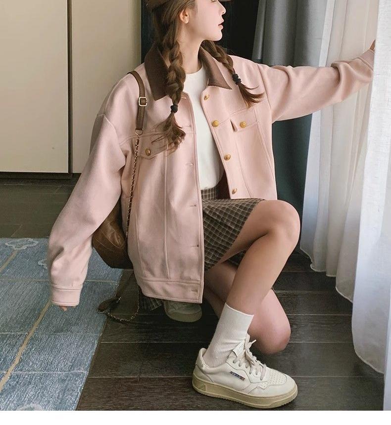 Women's Pink Korean-Style Suede Jacket - Fashionable Spring/Autumn Workwear Design