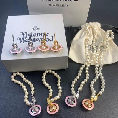 Vivienne Westwood High-Quality Saturn Pendant Pearl Enamel Necklace and Earrings - Minimalist, Niche, High-End Accessory Set