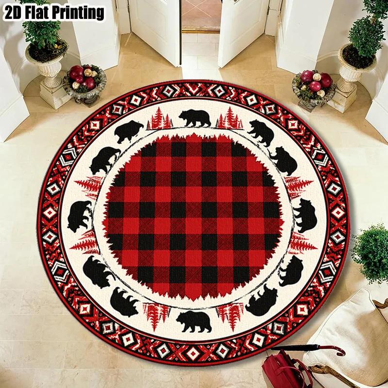 Large Round Bear Plaid Area Rug for Farmhouse Rustic Decor Entrance Mat Waterproof Durable Home Flooring