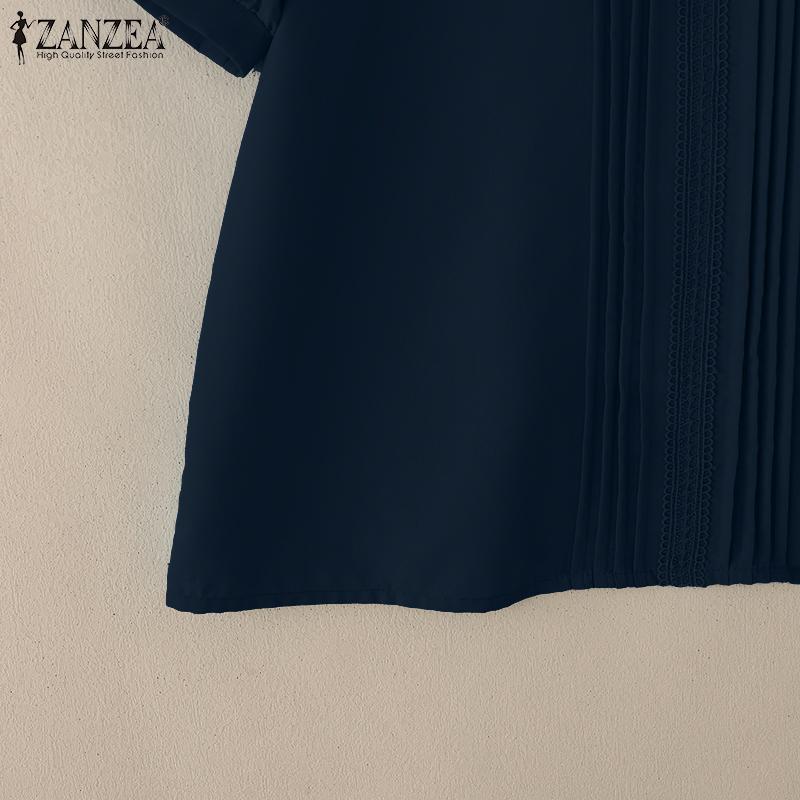 ZANZEA Damen Sommer Rundhals Kurzarm Freizeitbluse