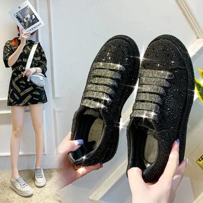Jesień Wiosna Nowe Damskie Buty na Platformie Cyrkonie Gruba Podeszwa Białe Srebrne Buty Lśniące Kryształowe Sneakersy Modne Casualowe Sneakersy