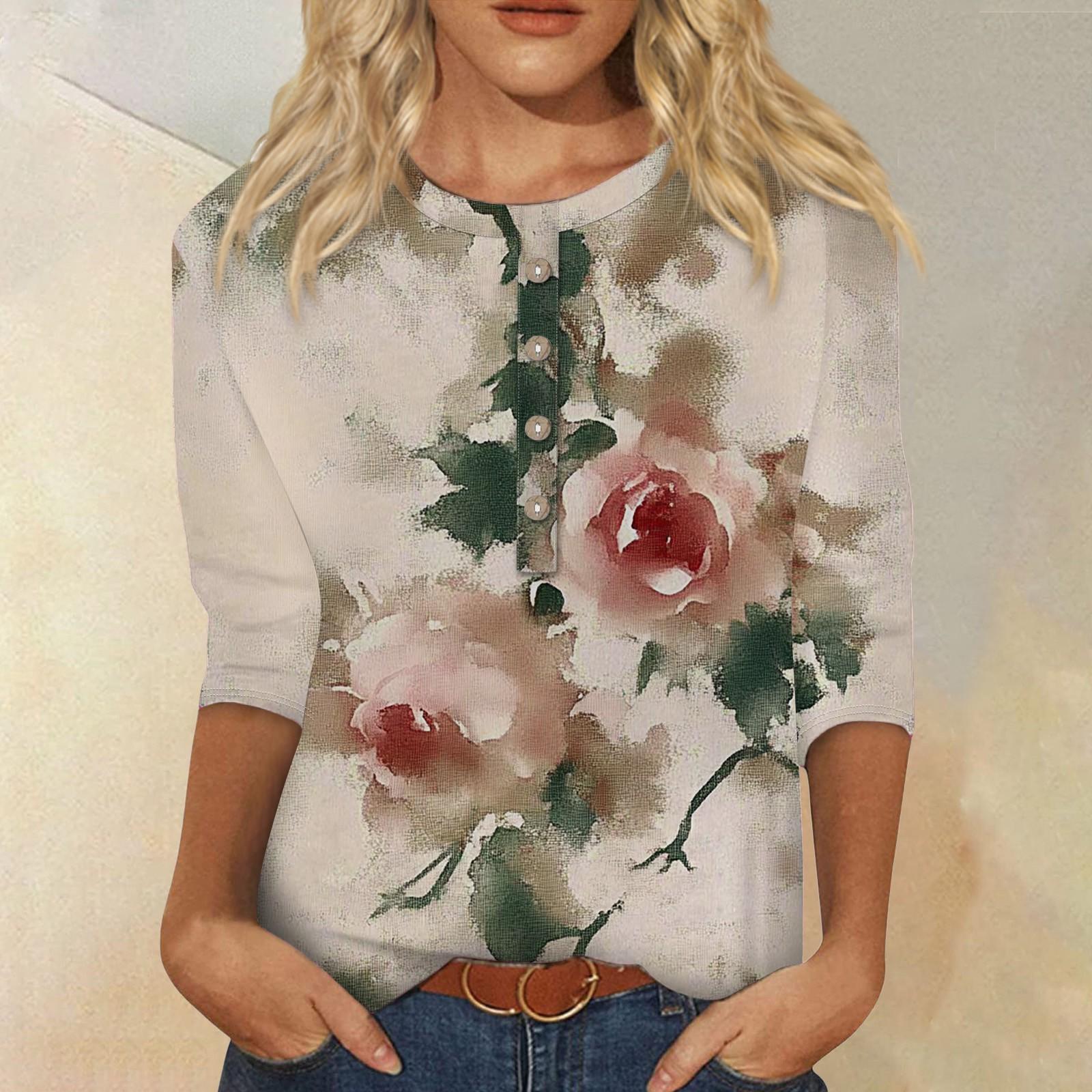 

Женская мода повседневная 3/4 рукава цветочный принт пуловер круглый вырез топ повседневная одежда XXXL темно-зеленого