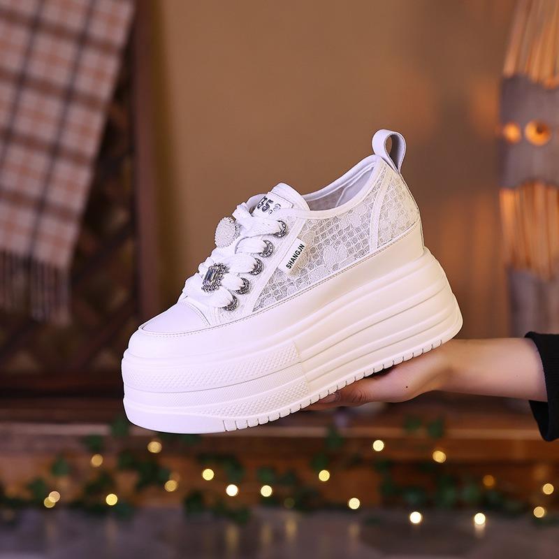 Little White Shoes Women's Summer Thin New Mesh Breathable Board Shoes Thick Sole Within Cm Height Increase Fisherman Shoes