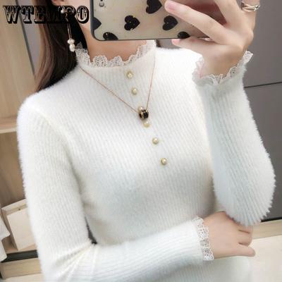 Maglioni caldi spessi a collo alto in pile sintetico da donna, maglietta aderente autunnale e invernale, top in pizzo con perline, maglione lavorato a maglia