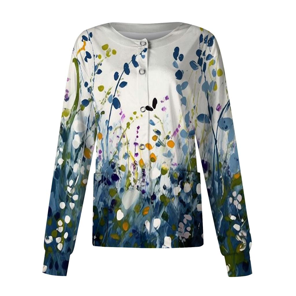 Women Long Sleeve Pattern Pocket Working Stand-up Collar Single-breasted Protective Overalls Cardigan Jacket Top