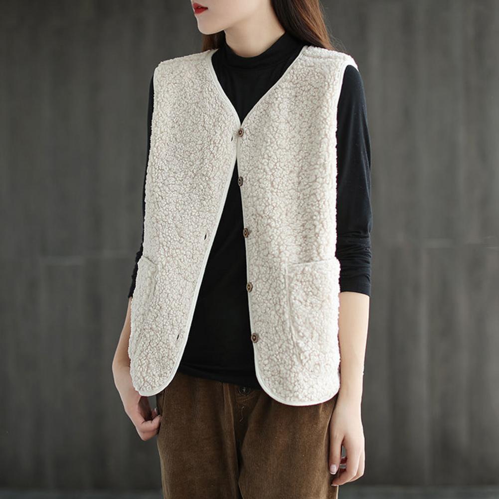 Fall Winter Women Vest Coat V Neck Fleece Single-breasted Double Pockets Sleeveless Cardigan Solid Color Daily Wear Office Waist