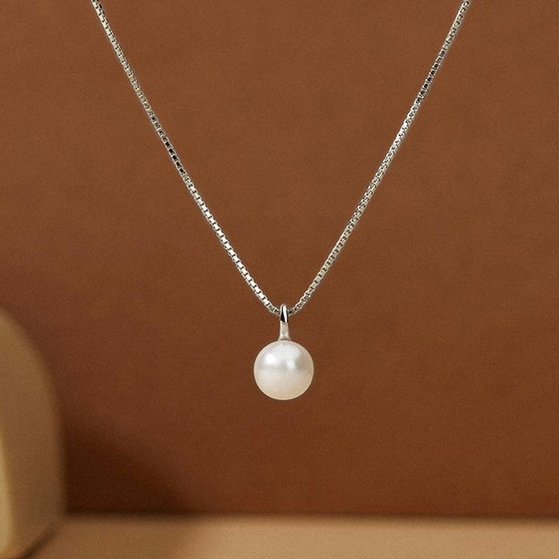 Single Round White Pearl Pendant Slim Box Chain Women Minimalist Clavicle Necklace